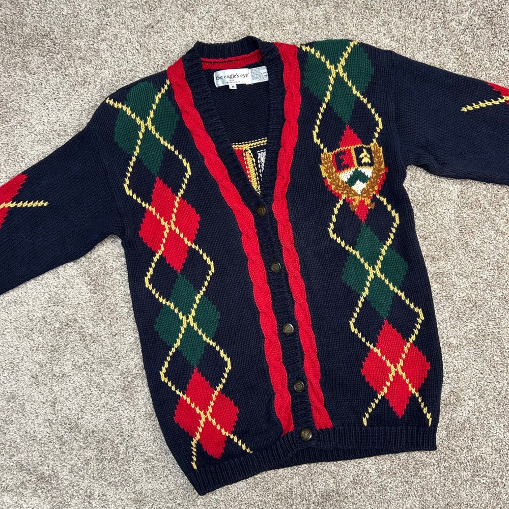 Vintage Eagle's Eye Cardigan Sweater Women Size Medium Argyle Cable Knit‎ 90s